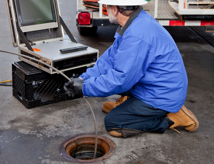 Technician cleaning commercial drain